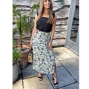 ICHI IZZY MAXI SKIRT - GREEN FLORAL Women's Large Relaxed Fit Elastic Waist